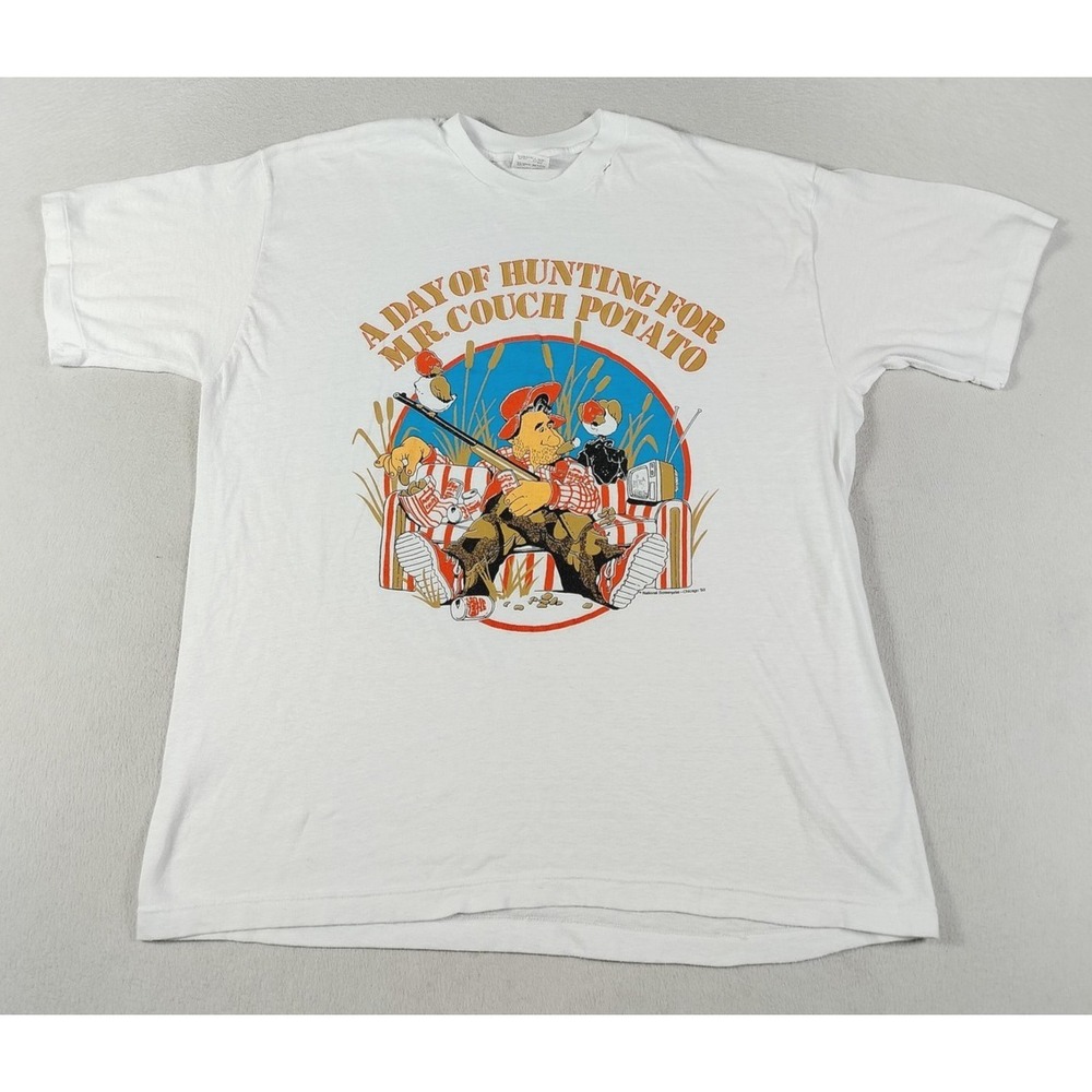 Vintage Stedman Mr Couch Potato Shirt Mens XL White Hunting Graphic Humor 80s